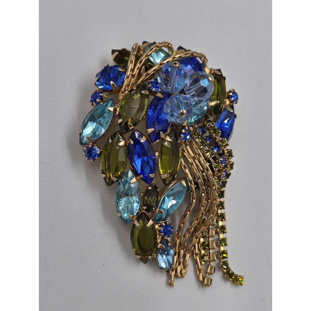 Vintage Mid-Century Blue‎ & Olive Green Rhinestone Cascade Brooch Pin 3" - Picture 4 of 12
